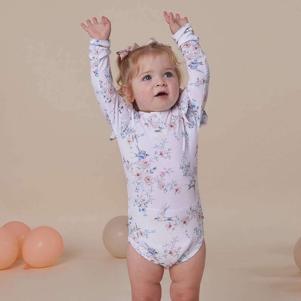 Sweet Swallows Long Sleeve Organic Bodysuit with Frill: 3-6 Months (00)
