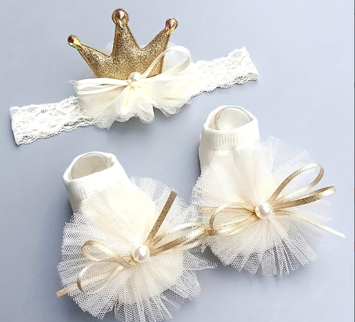 Baby Crown Headband & Socks Set (0–12 Months) – White