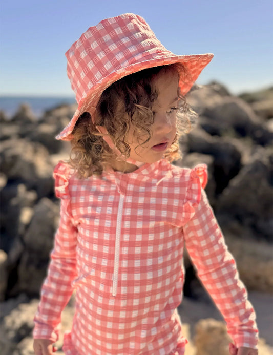 BROAD BRIM SWIM HAT-Coral Gingham