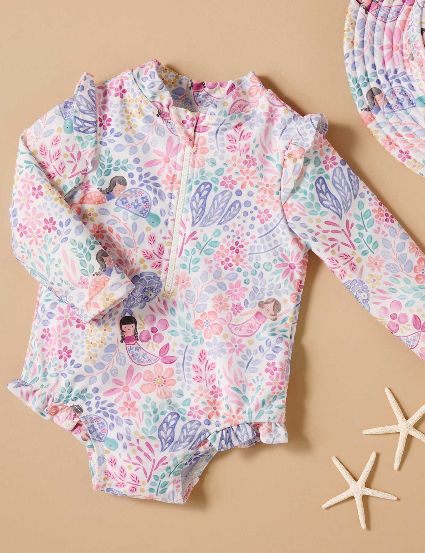 PRINTED FRILLY L/S SWIMSUIT- Mermaid
