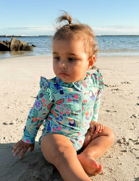 PRINTED FRILLY L/S SWIMSUIT-Toucan Print