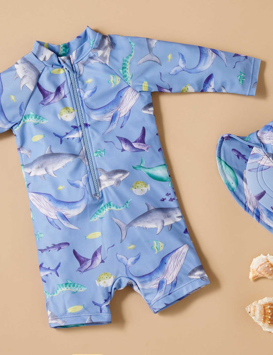 PRINTED L/S SUNSUIT- Shark