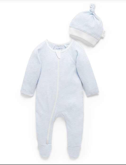 ZIP GROWSUIT & HAT SET-Pale Blue Melange Stripe