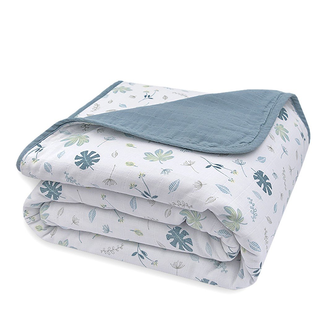 ORGANIC MUSLIN COT BLANKET - BANANA LEAF/TEAL
