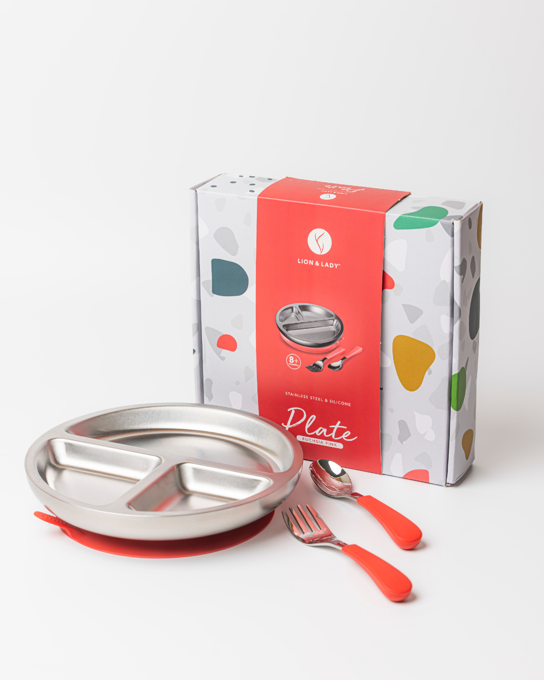 18/8 Stainless Toddler Plate with silicone suction base, spoon and fork: Fuchsia Pink