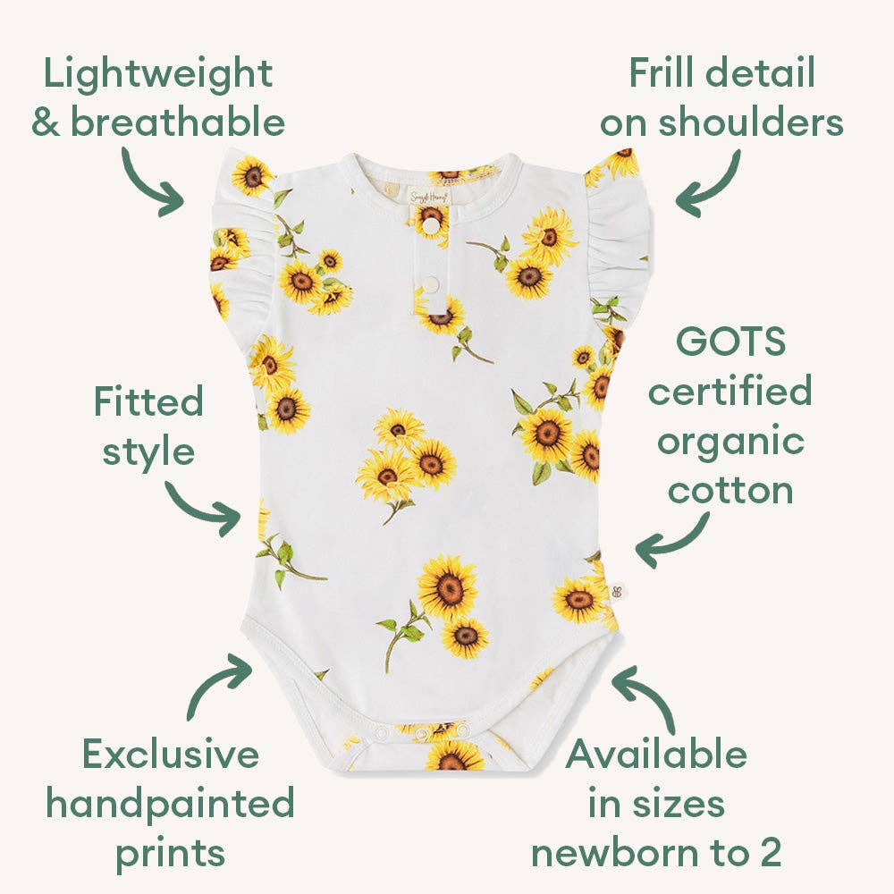 Sunflower Short Sleeve Organic Bodysuit with Frill: 3-6 Months (00)