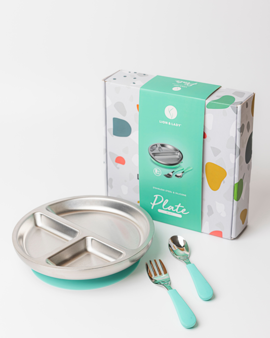 Toddler Plate with  suction base, spoon and fork: Mint