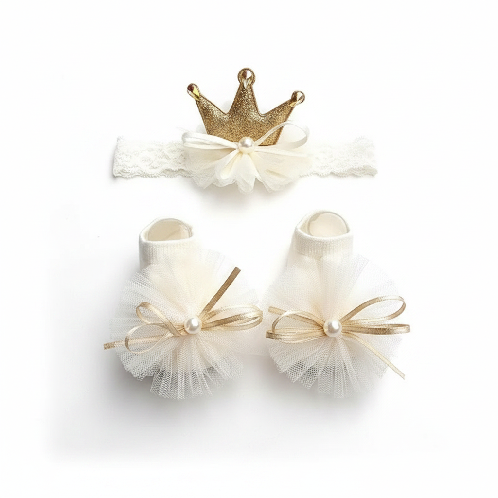 Baby Crown Headband & Socks Set (0–12 Months) – White