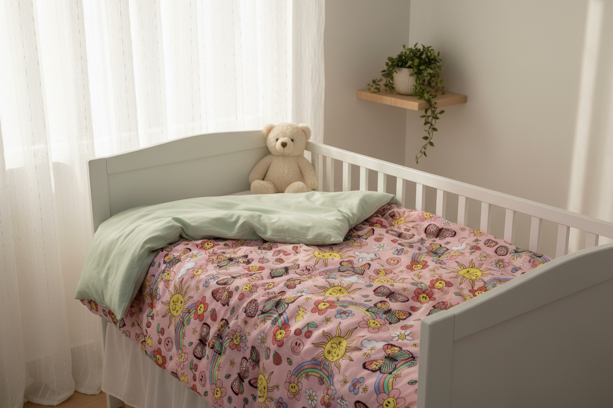 Handmade Reversible Cot Quilt- Rainbows and Butterflies