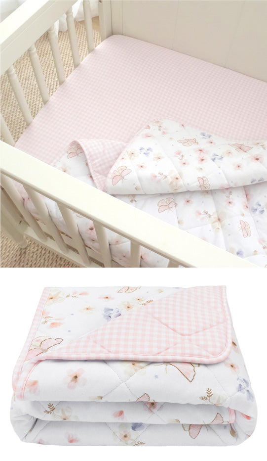 REVERSIBLE QUILTED COT COMFORTER - BUTTERFLY GARDEN