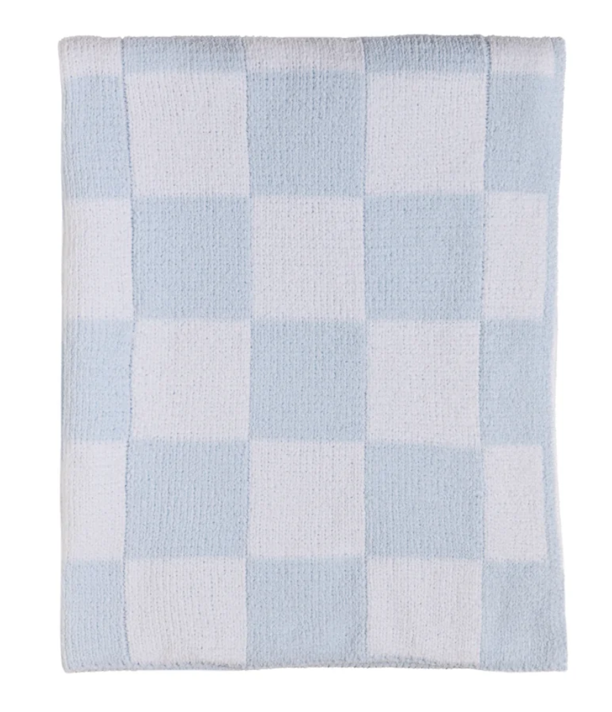 Chenille Knitted Blanket - Blue Check
