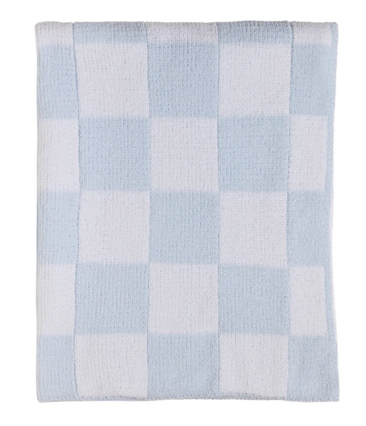 Chenille Knitted Blanket - Blue Check
