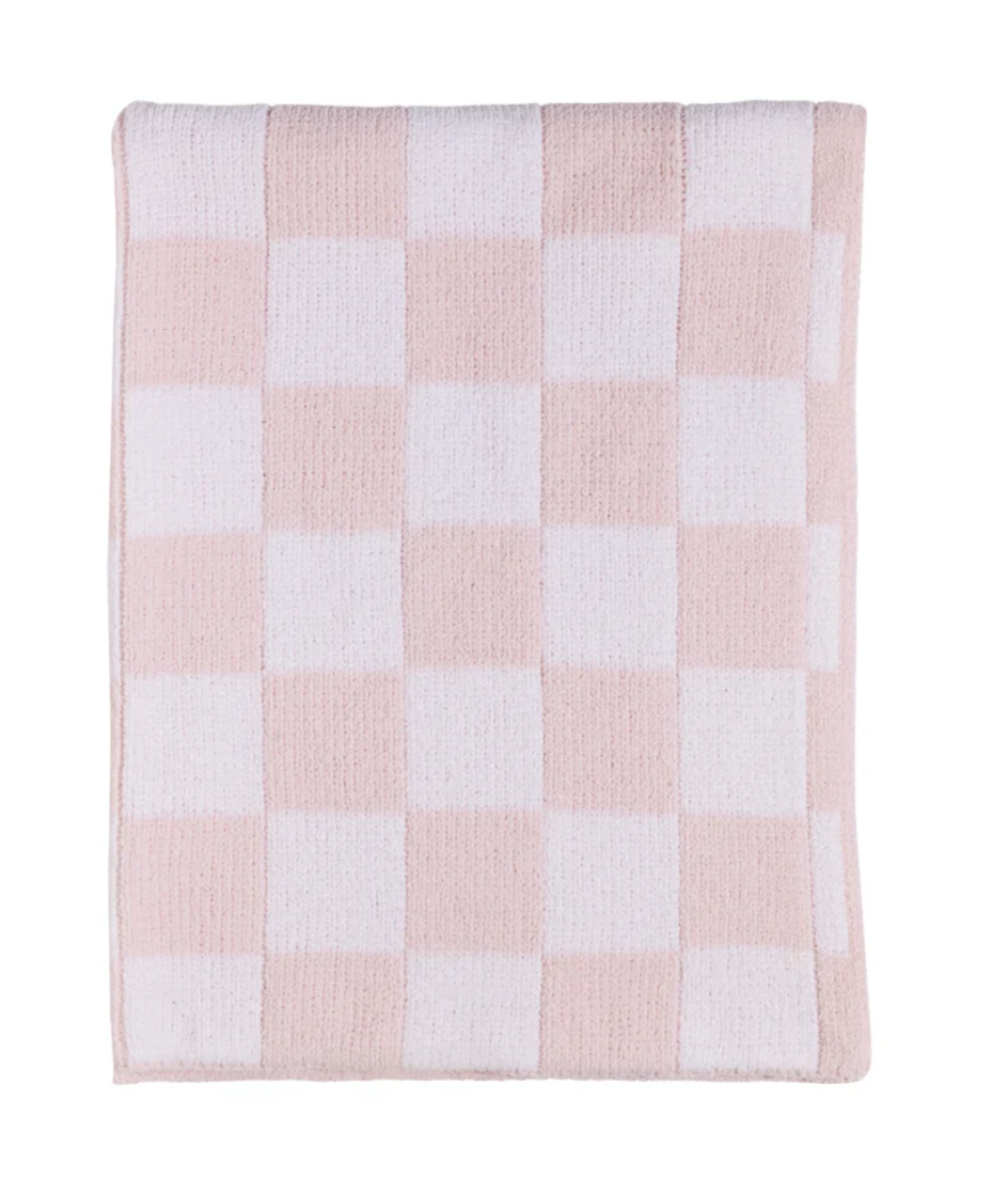 Chenille Knitted Blanket - Pink Check
