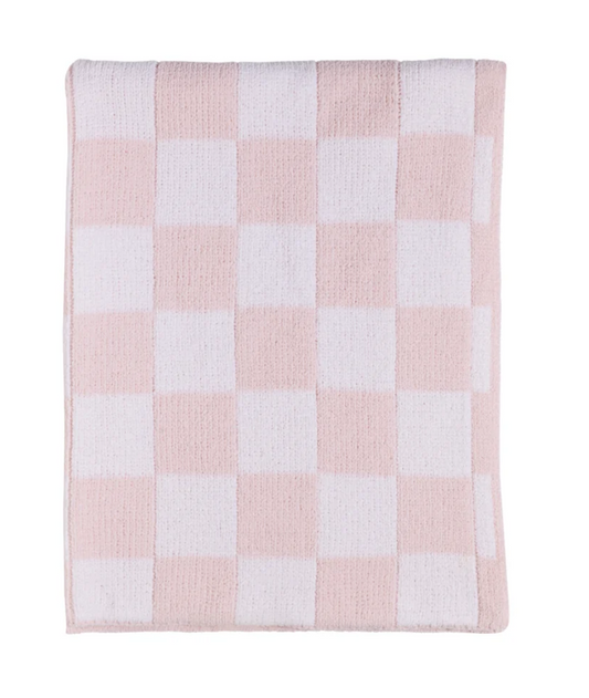 Chenille Knitted Blanket - Pink Check