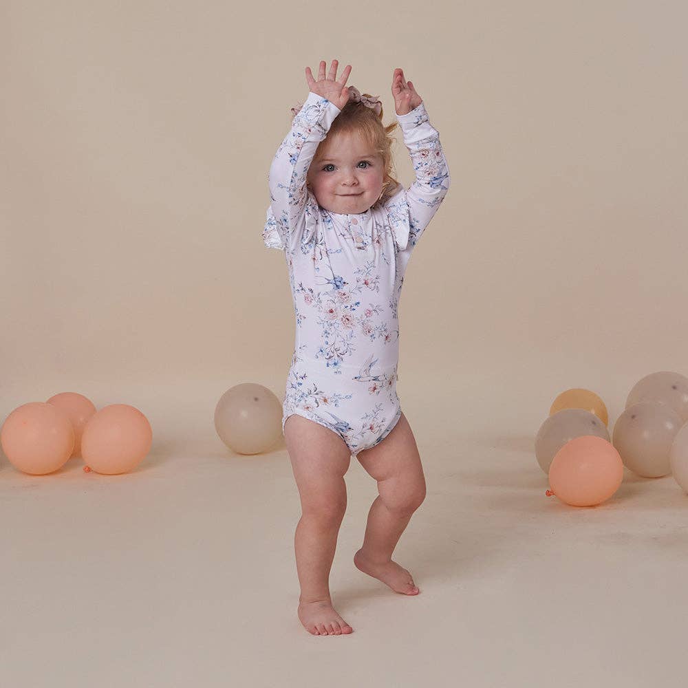 Sweet Swallows Long Sleeve Organic Bodysuit with Frill: 3-6 Months (00)