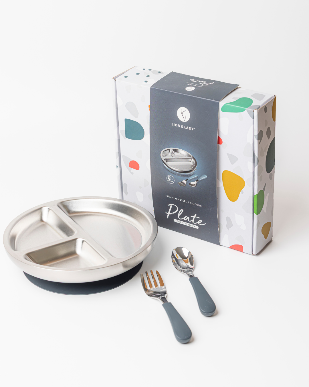 18/8 Stainless Toddler Plate with silicone suction base, spoon and fork: French Navy
