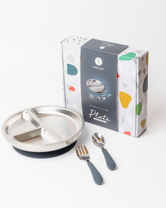 Toddler Plate with suction base, spoon and fork: French Navy