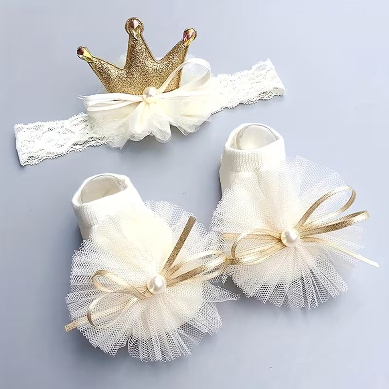 Baby Crown Headband & Socks Set (0–12 Months) – White