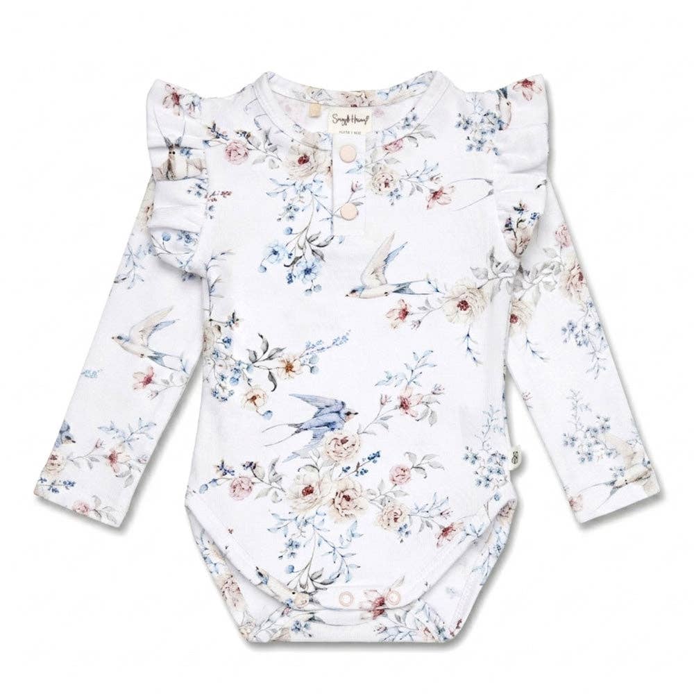 Sweet Swallows Long Sleeve Organic Bodysuit with Frill: 0-3 Months (000)