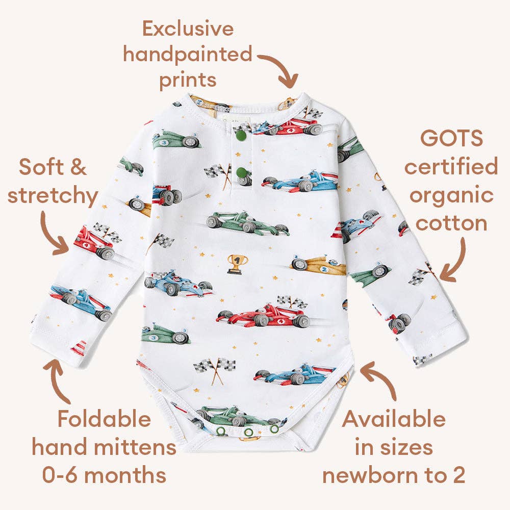 Little Racers Long Sleeve Organic Bodysuit: 3-6 Months (00)