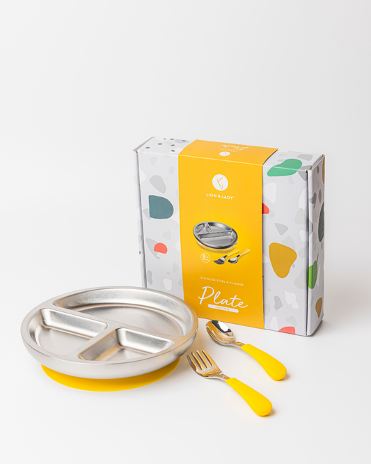 Toddler Plate with suction base, spoon and fork: Buttercup Yellow