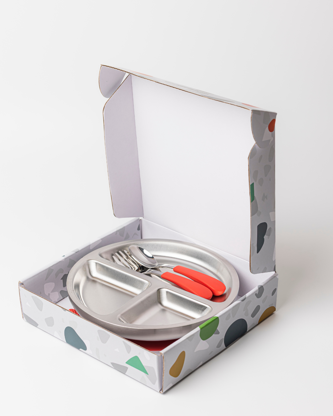 18/8 Stainless Toddler Plate with silicone suction base, spoon and fork: Fuchsia Pink