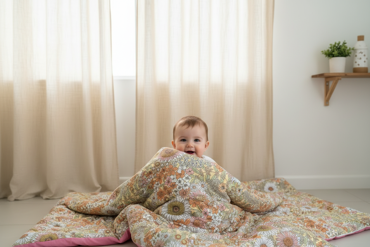 Floral doona on nursery floor with baby peeking out
