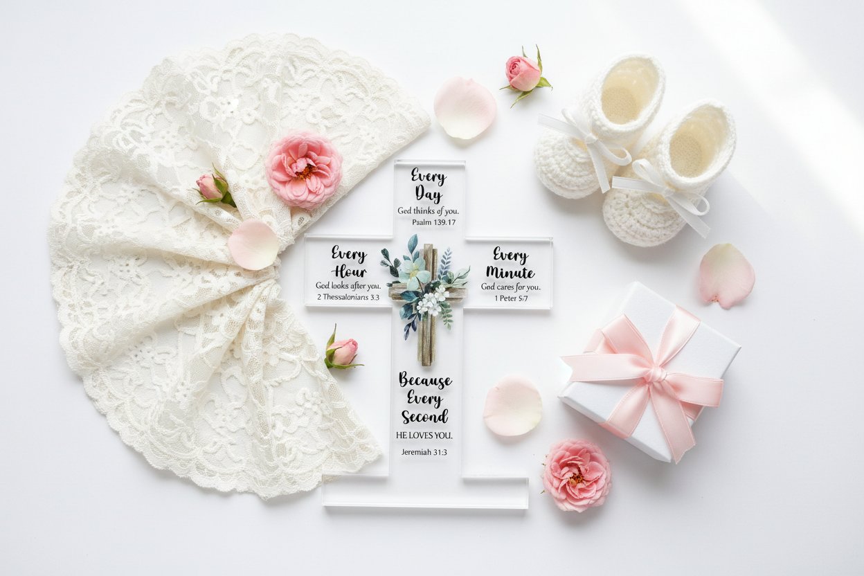 Inspirational Acrylic Cross styled as a christening gift with baby booties, white lace and pink roses