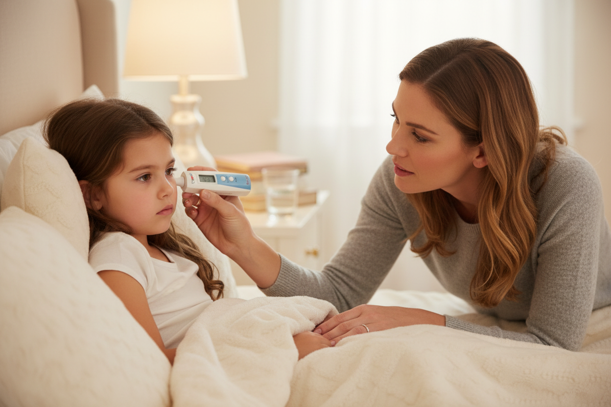Parent taking young child's temperature with digital ear thermometer in bed