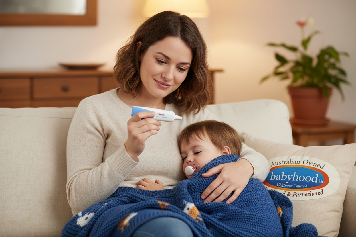 Mum reading ear thermometer display with toddler on couch