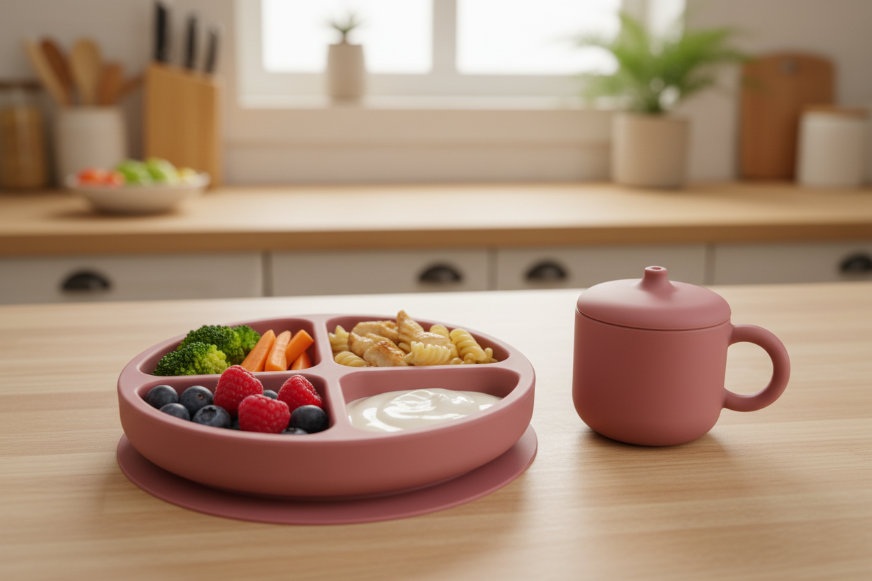 Close up of mauve silicone divided plate with healthy toddler food
