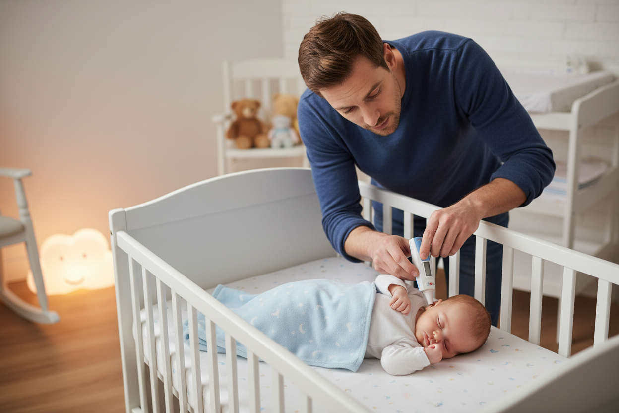 Dad taking baby's temperature with digital ear thermometer in nursery