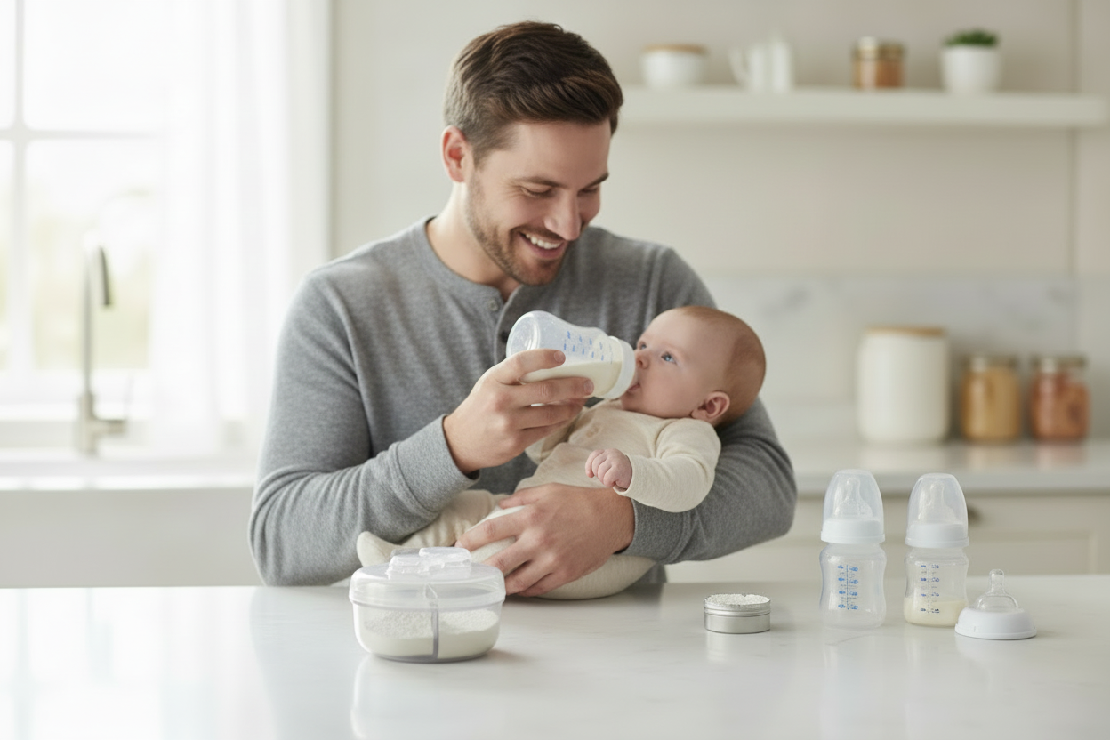 Dad feeding baby with formula dispenser on kitchen bench nearby