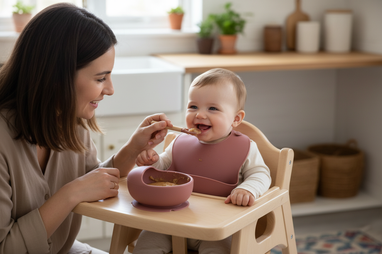 Mum spoon feeding baby using mauve silicone bowl and spoon