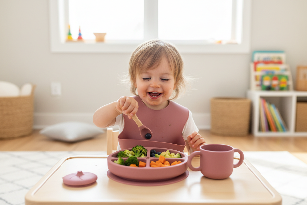 Toddler self-feeding from mauve silicone divided plate at toddler table