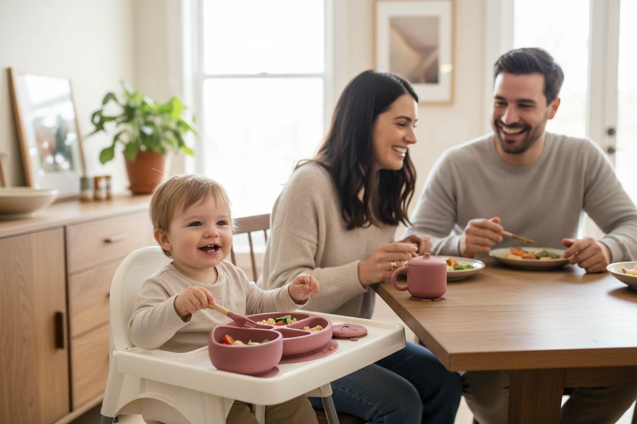 Toddler at dinner table with mum and dad using mauve silicone dinner set