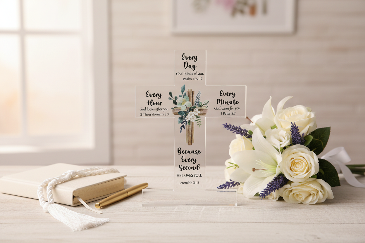 Inspirational Acrylic Cross styled as a confirmation gift with purple flowers, gold pen and journal
