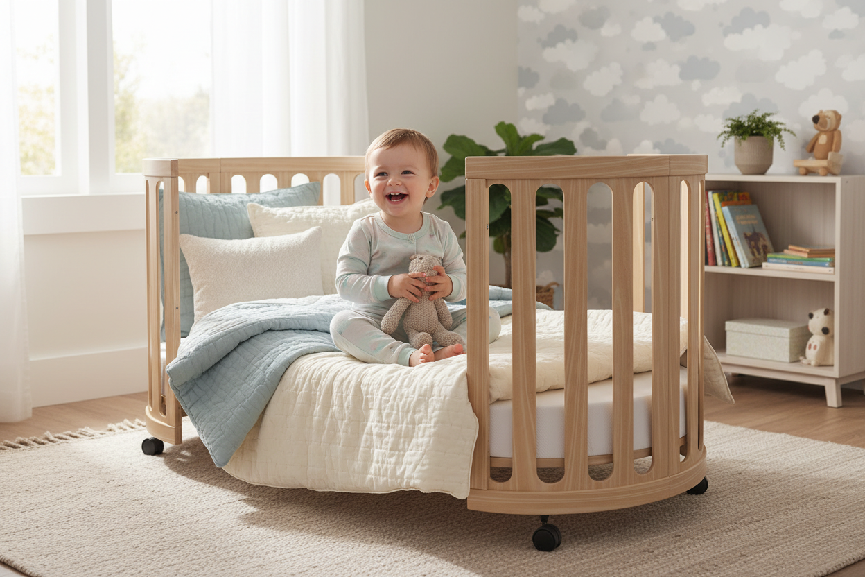 Toddler on Kaylula Sova Cot converted to toddler bed stage