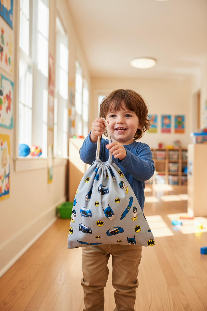Child holding Batman drawstring library bag