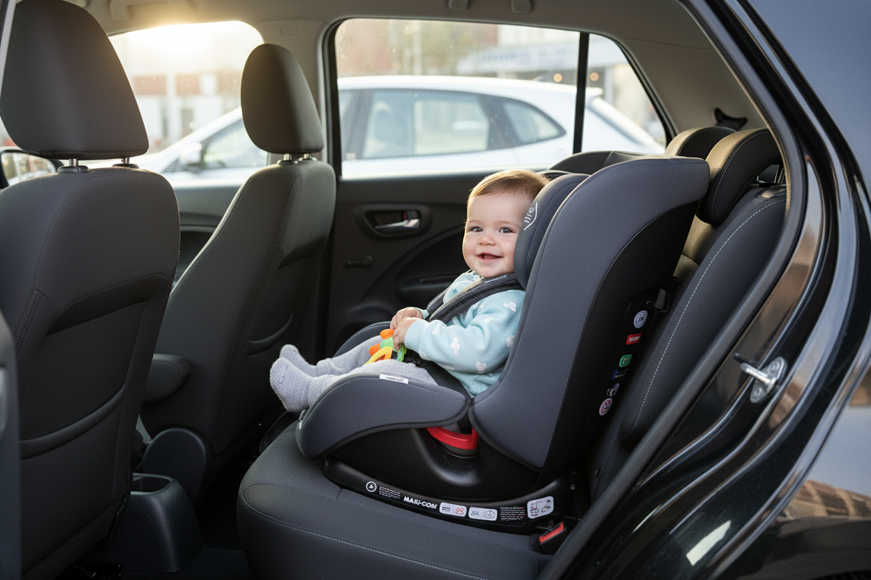 Baby in Maxi Cosi Vita Smart car seat installed in small city hatchback