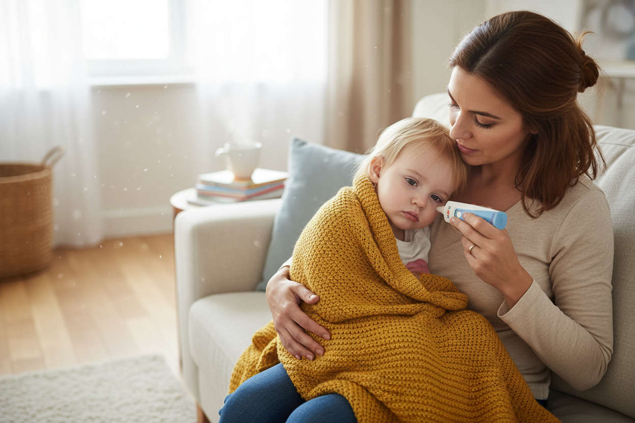 Mum taking sick toddler's temperature with ear thermometer