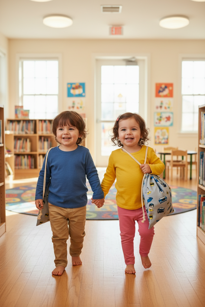 Twins boy and girl carrying matching library bags into a library