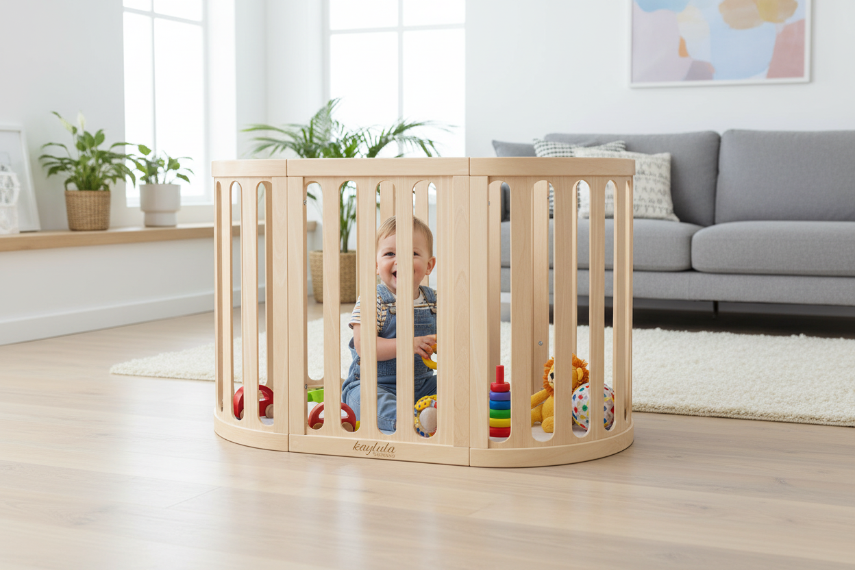 Toddler playing in Kaylula Sova Cot converted to playpen stage