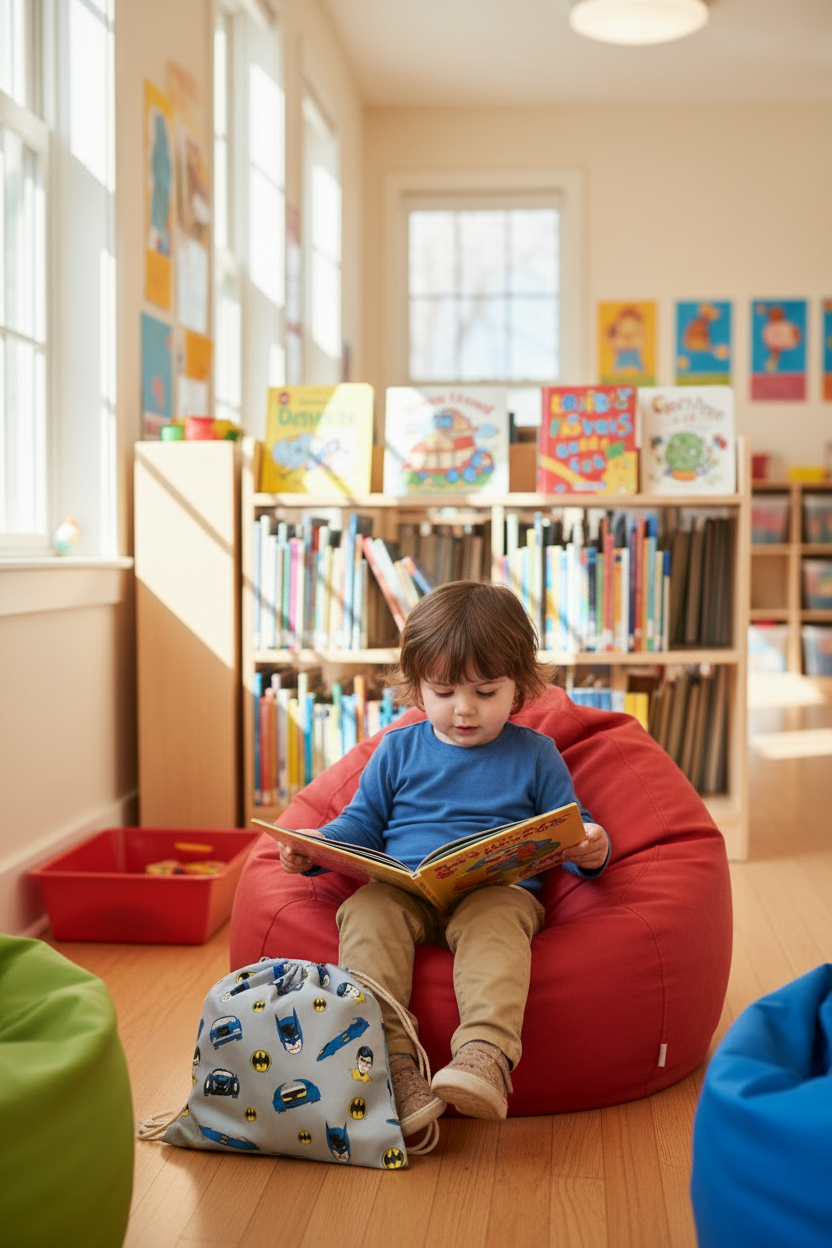 Young girl sitting on bean bag reading with library bag in a library