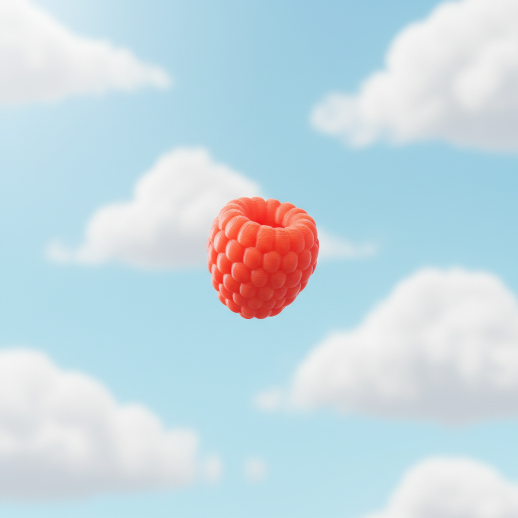 3D printed raspberry toy against pastel blue sky