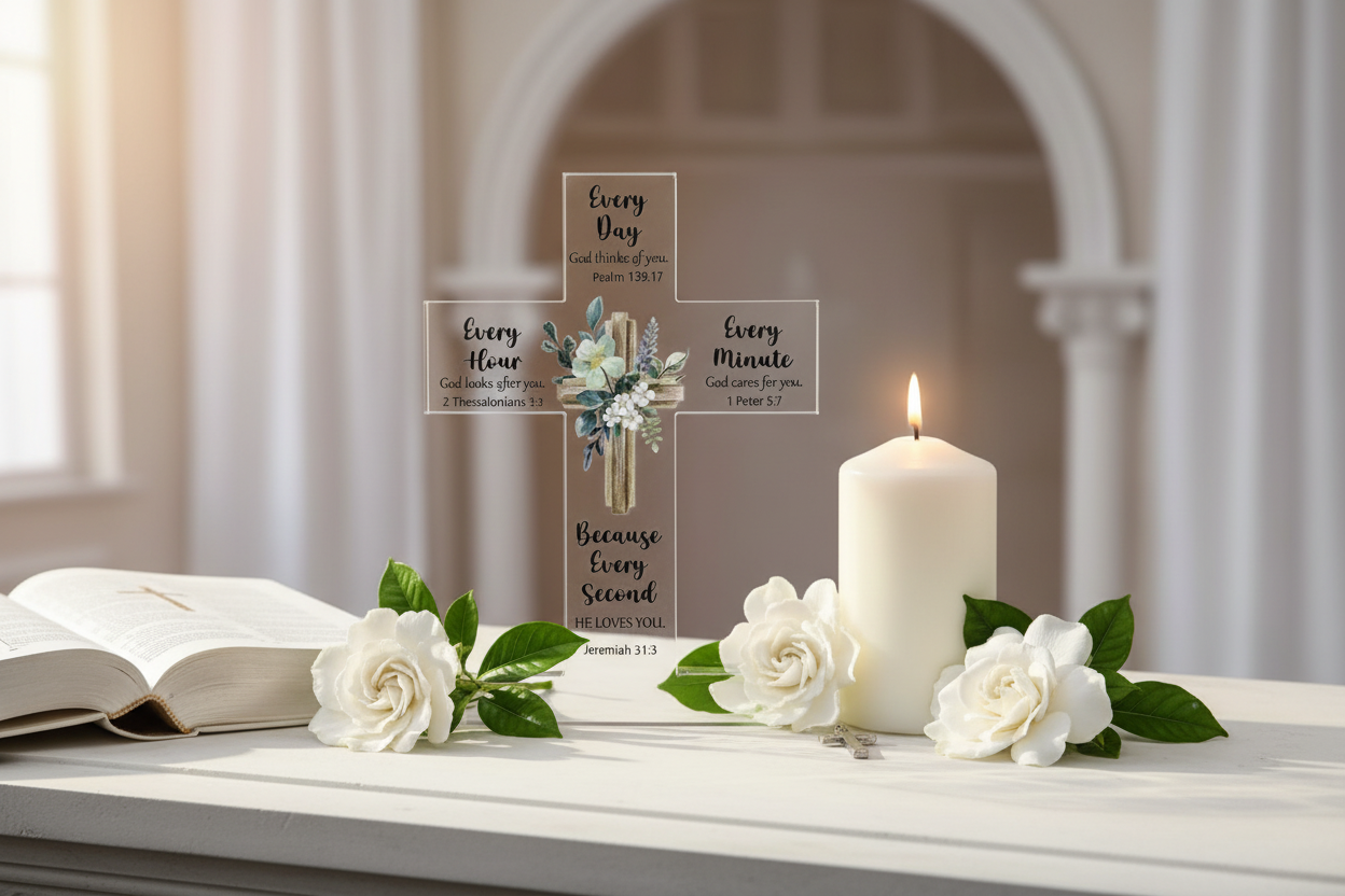 Inspirational Acrylic Cross styled as a baptism gift with white Bible, candle and gardenias