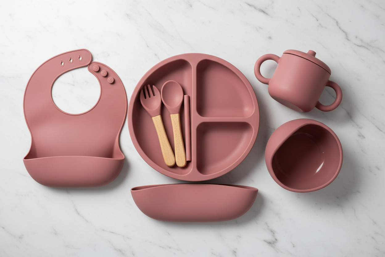 Flat lay of mauve 6-piece silicone dinner set on white marble
