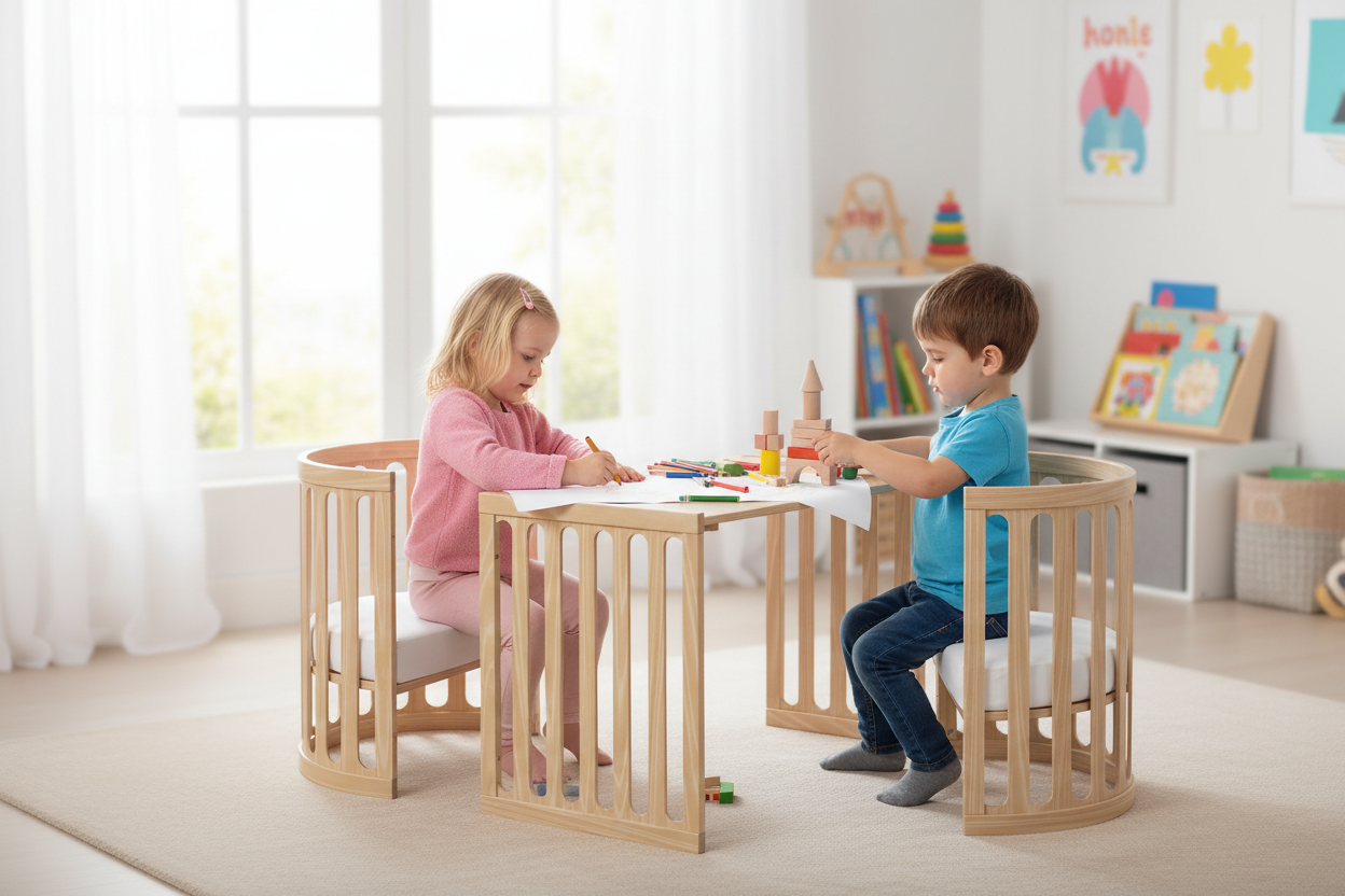 Children playing at Kaylula Sova Cot converted to table and chairs stage