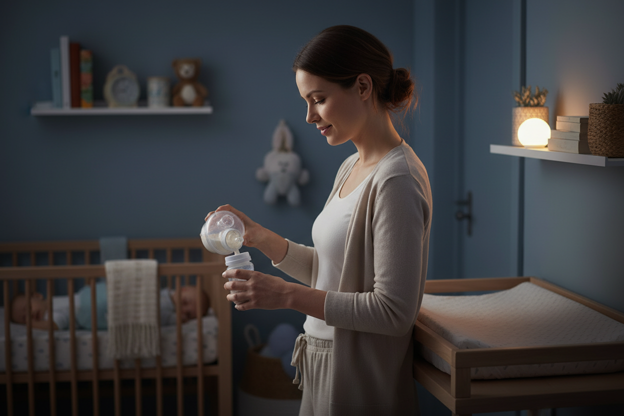 Mum using formula dispenser for night feed in nursery