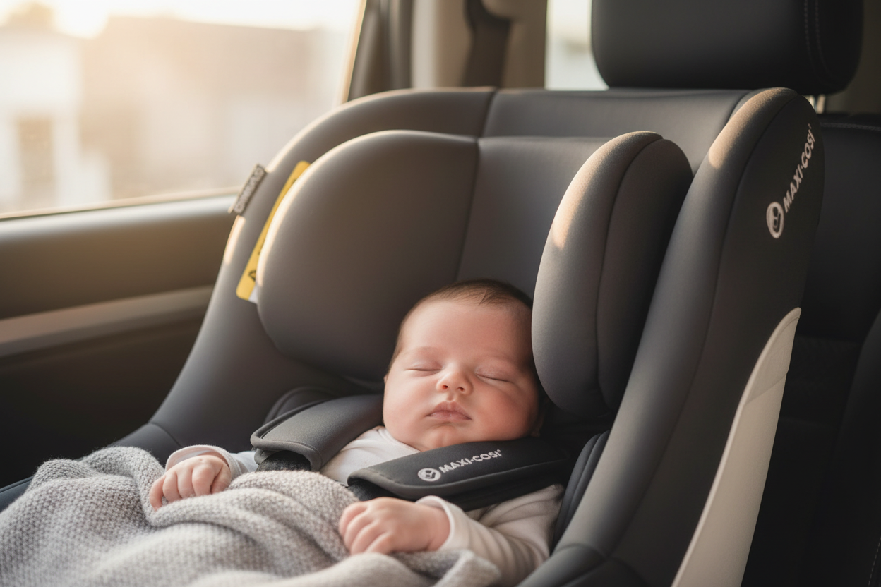 Baby sleeping showing padded headrest and side impact protection on Maxi Cosi Vita Smart